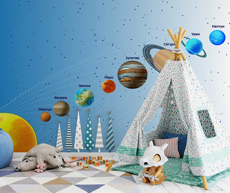 Foto tapeta Planete ćirilicom na plavom prelivu na zidu